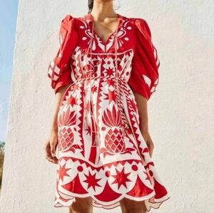FARM RIO RED TROPICAL PRINT CUTWORK MIDI DRESS